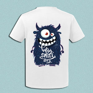T-Shirt / PoloShirt "Happy Smile Monster", weiß, farbiger Aufdruck
