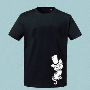 T-Shirt / PoloShirt "Cheshire Cat", schwarz, Motiv Weiß